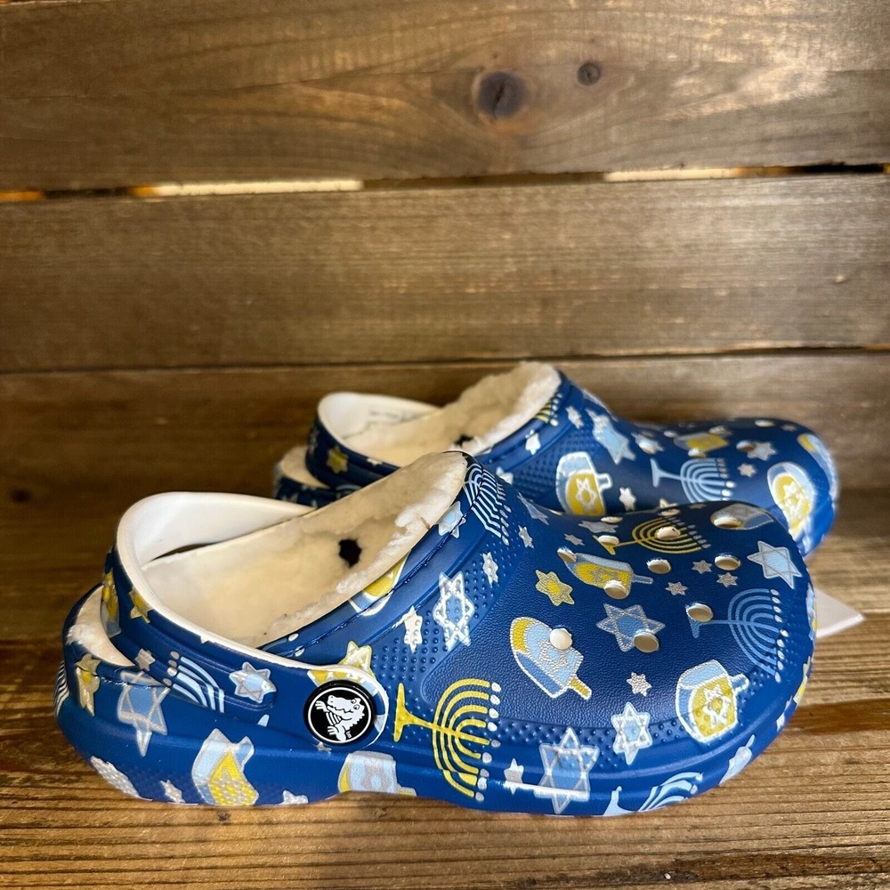 New Little Kids Crocs‎ Classic Lined Blue Hanukkah Clogs Shoes Sandals Size 12 C